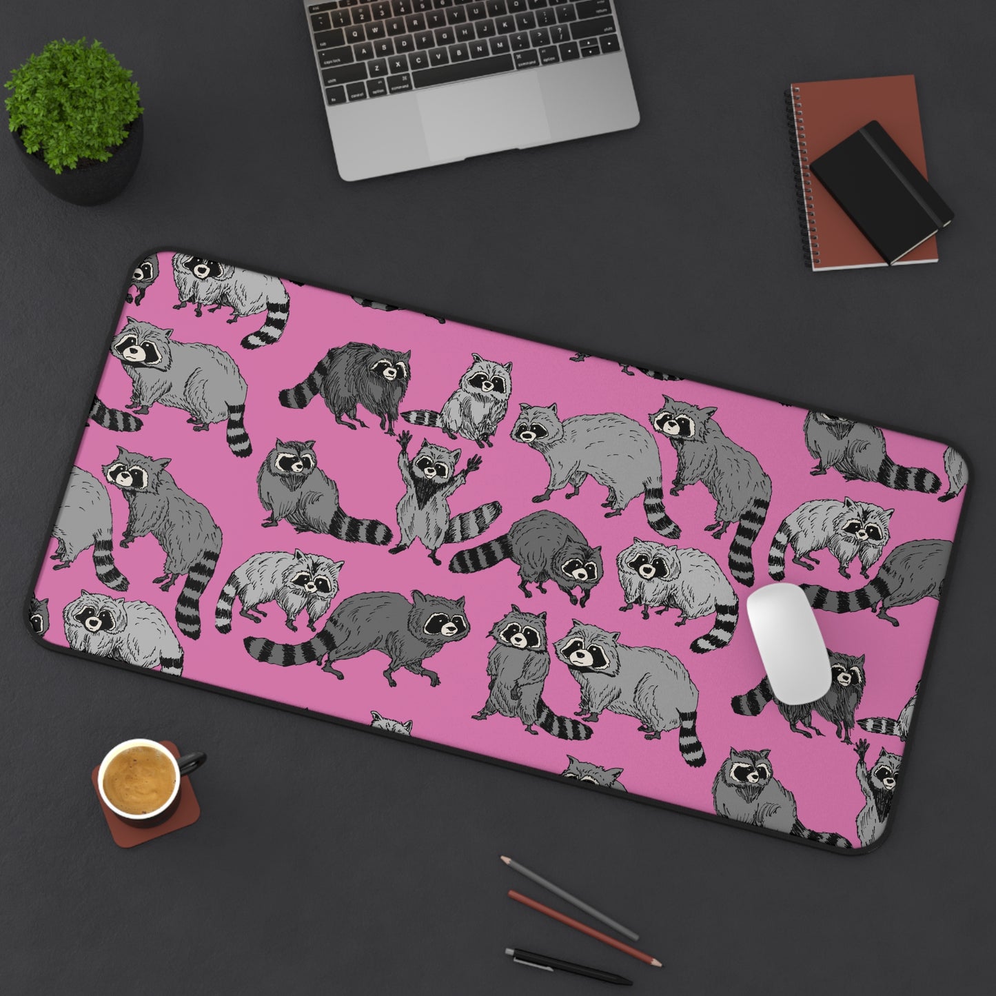 Cute Raccoon Desk Mat, Playful Workspace Accessory, Office Decor, Gift for Animal Lovers, Pink Gaming Mouse Pad