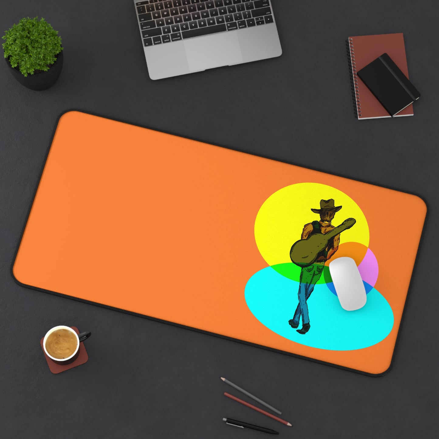 Musician Desk Mat — Retro Cowboy Guitarist Design on Orange