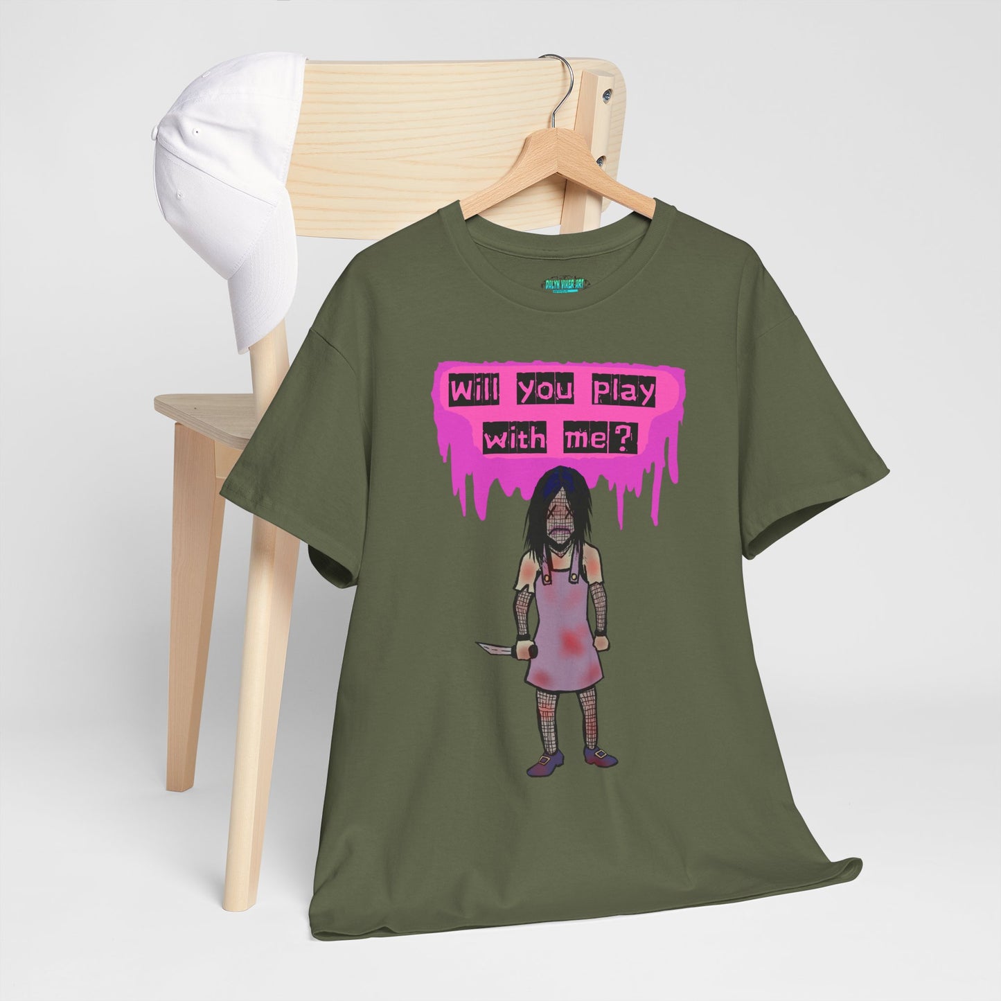 Playful Evil Doll Horror Graphic Tee, Unisex Heavy Cotton Shirt, Casual Wear, Unique Gift, Halloween Costume, Quirky Fashion