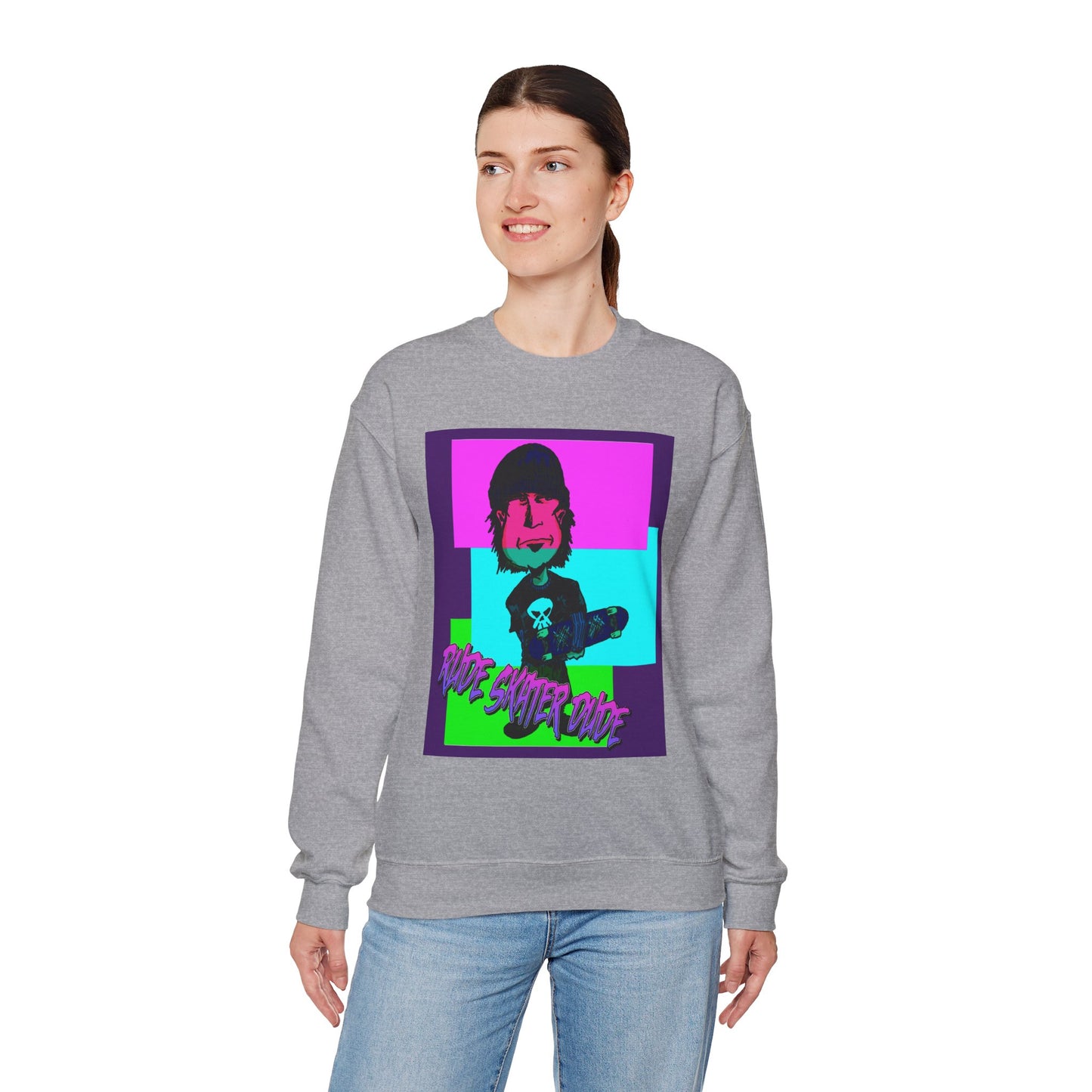 Crewneck Sweatshirt — Retro Neon Skate Punk "Rude Skater Dude" Graphic