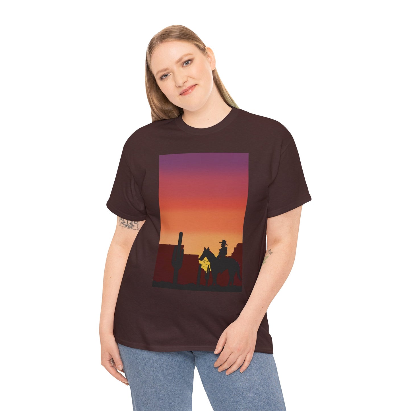 Sunset Cowboy Unisex Heavy Cotton Tee - Western Graphic Tee for Nature Lovers