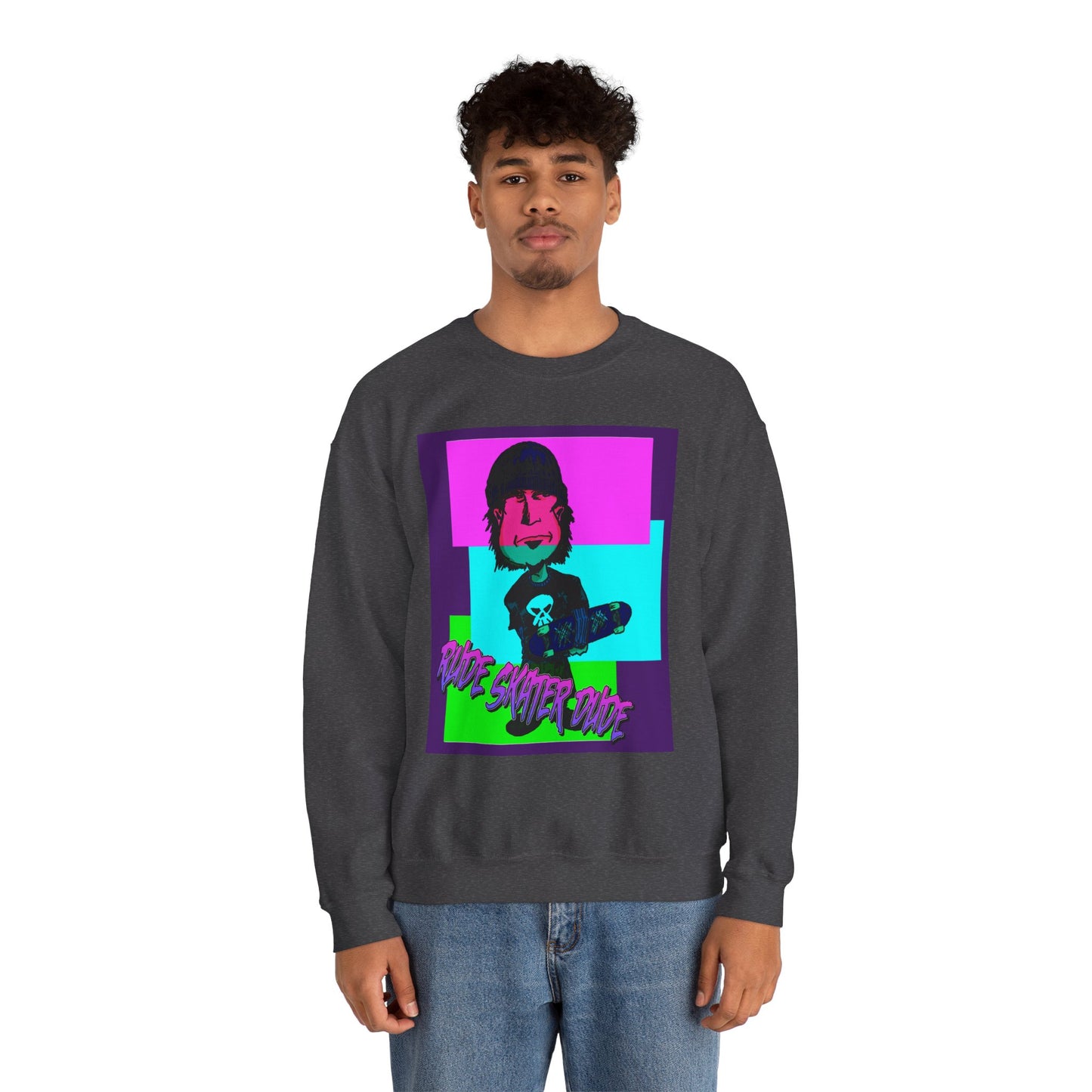 Crewneck Sweatshirt — Retro Neon Skate Punk "Rude Skater Dude" Graphic