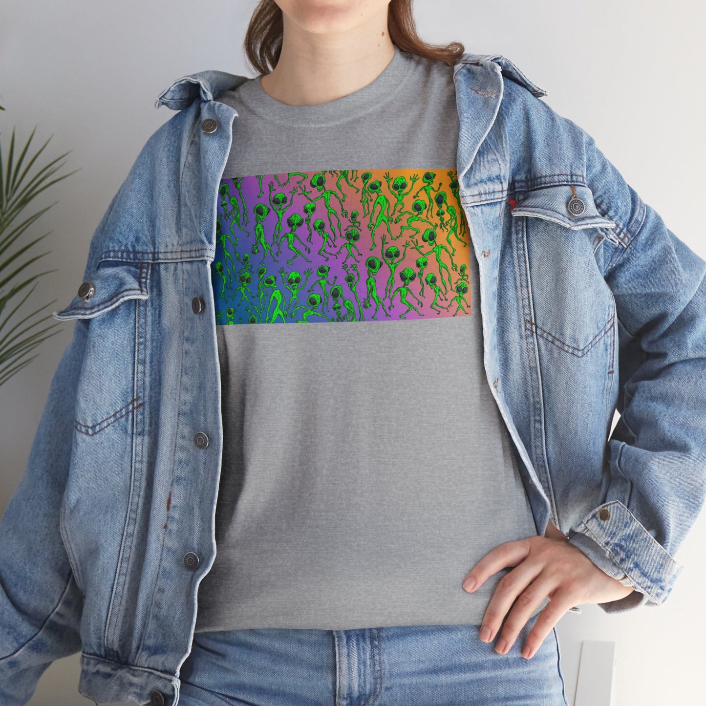 Alien Dance Party Gradient Tee — Colorful Psychedelic Green Aliens Art T-Shirt