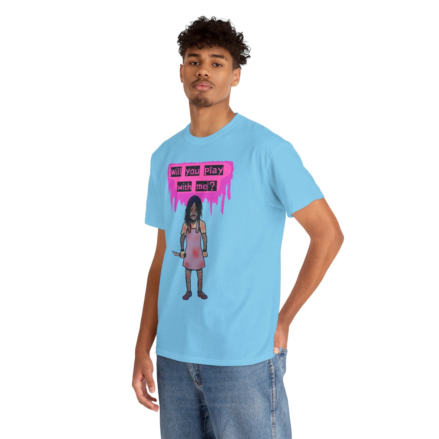 Playful Evil Doll Horror Graphic Tee, Unisex Heavy Cotton Shirt, Casual Wear, Unique Gift, Halloween Costume, Quirky Fashion
