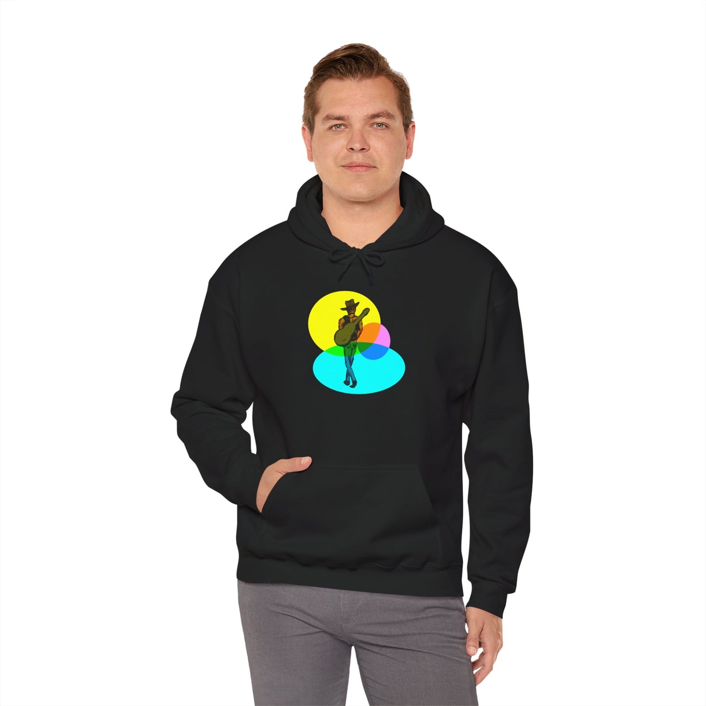 Cowboy with Guitar Hoodie — Colorful Retro Music Graphic Sweatshirt