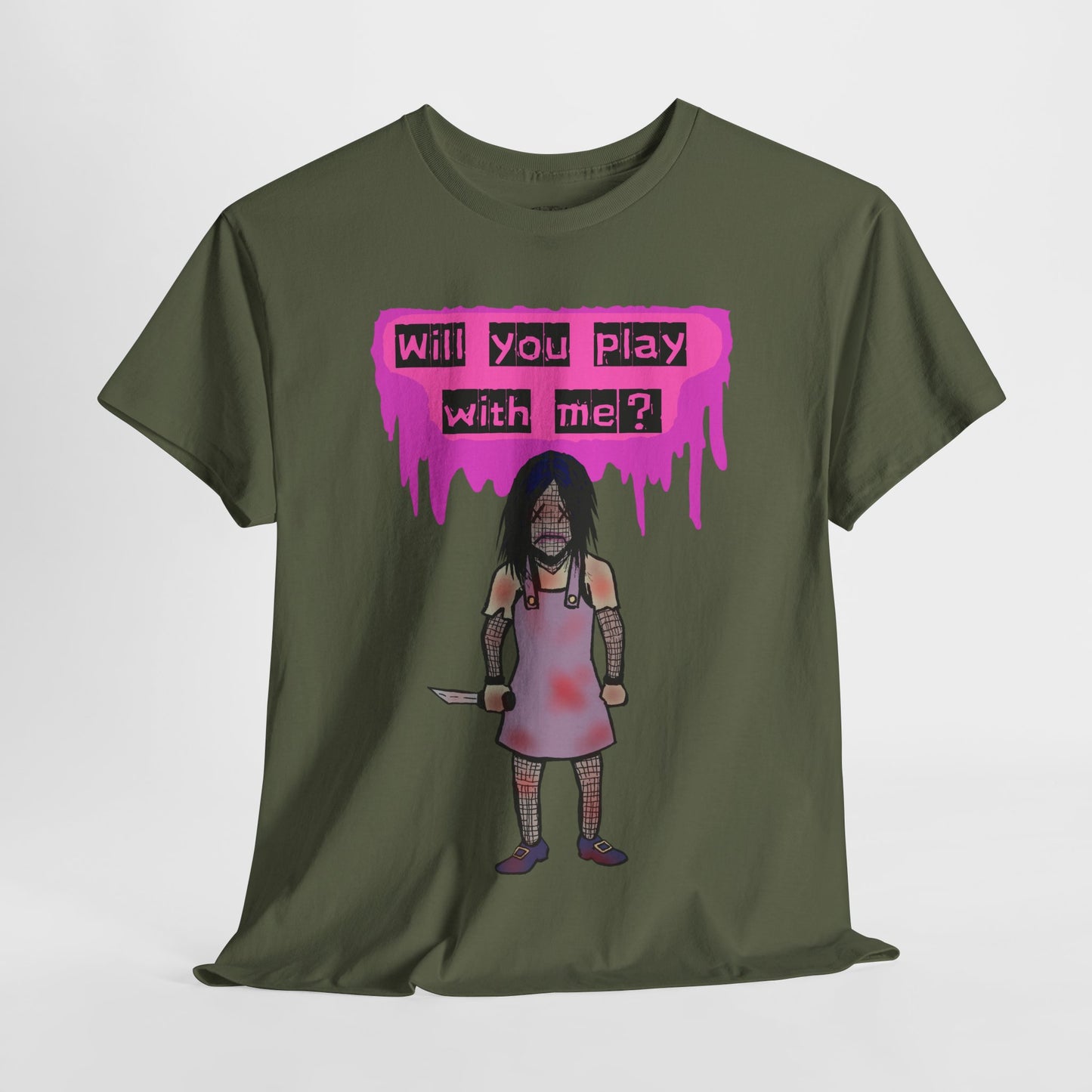 Playful Evil Doll Horror Graphic Tee, Unisex Heavy Cotton Shirt, Casual Wear, Unique Gift, Halloween Costume, Quirky Fashion