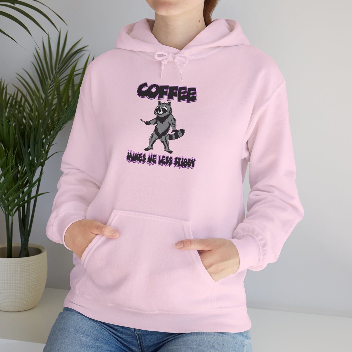 Coffee Makes Me Less Stabby Themed Unisex Hoodie with Fun Raccoon Design, Perfect for Coffee Lovers, Gift for Birthdays, Chill Days, Cozy Sweater