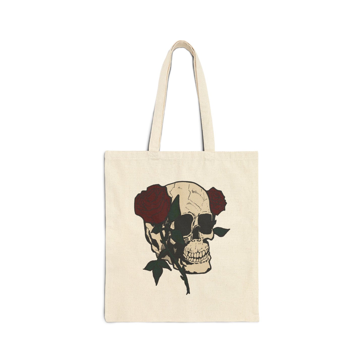 Skull & Roses Canvas Tote Bag — Gothic Floral Reusable Shopper