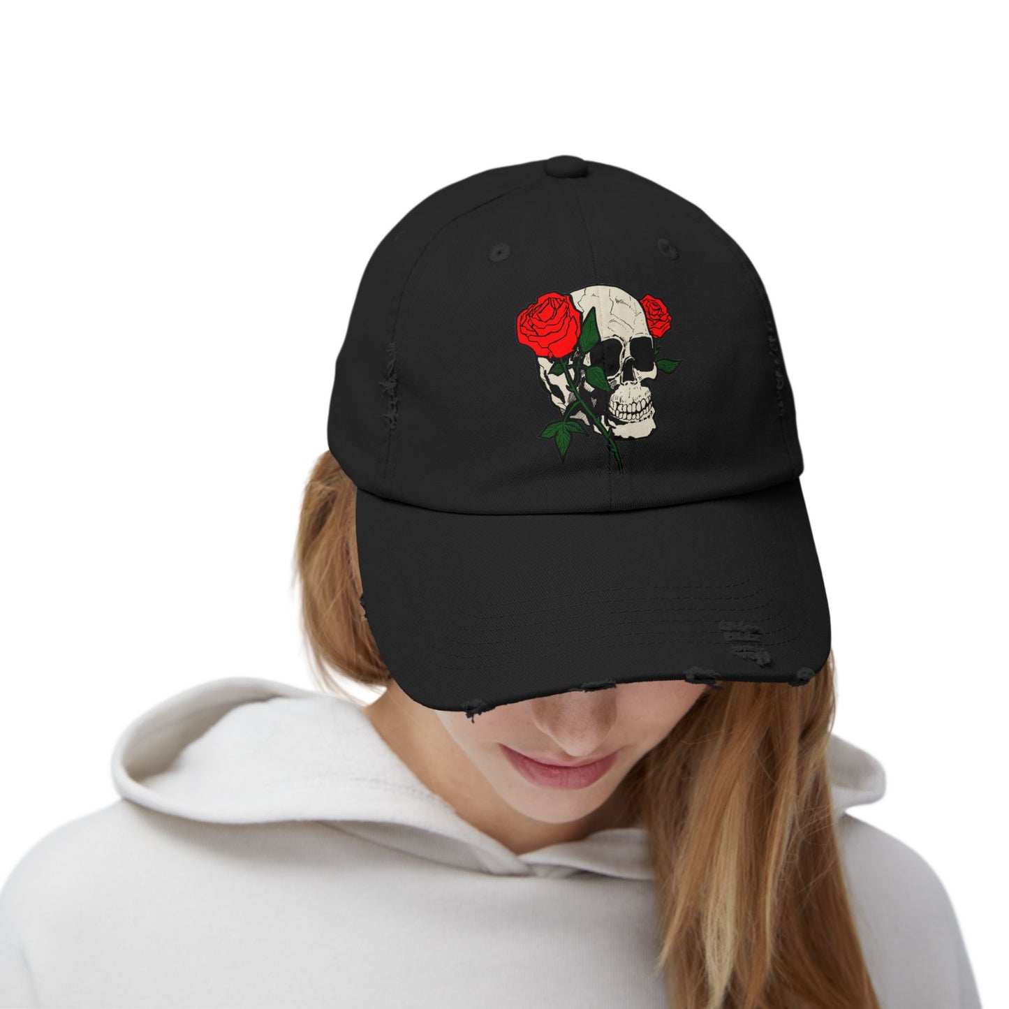 Skull and Roses Distressed Unisex Cap – Edgy Fashion Accessory for Music Lovers