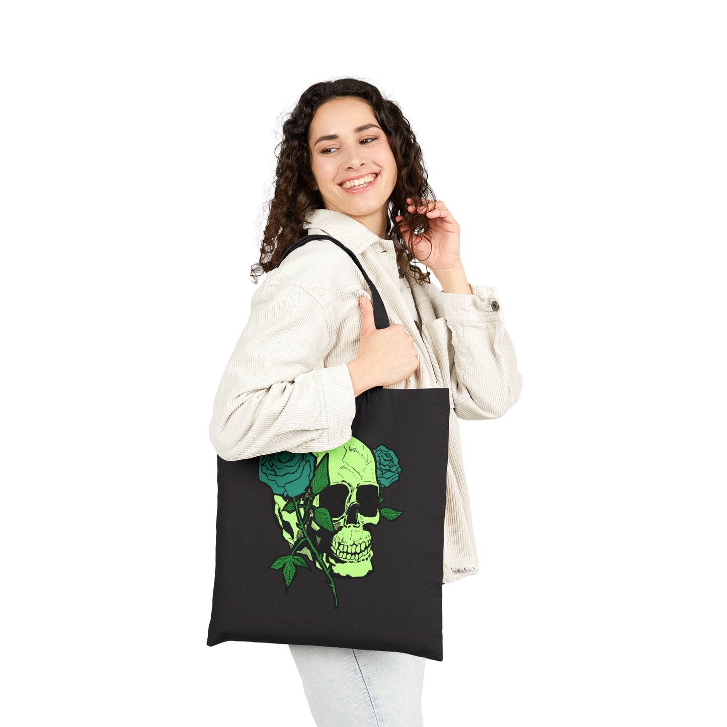 Green Skull & Roses Cotton Canvas Tote — Gothic Floral Reusable Bag