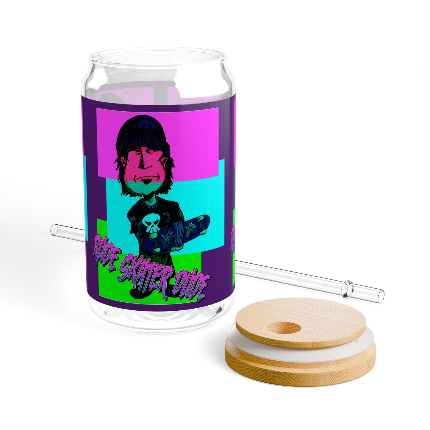 16oz Sipper Glass — Rude Skater Dude Retro Punk Skull Pop Art Drink Tumbler