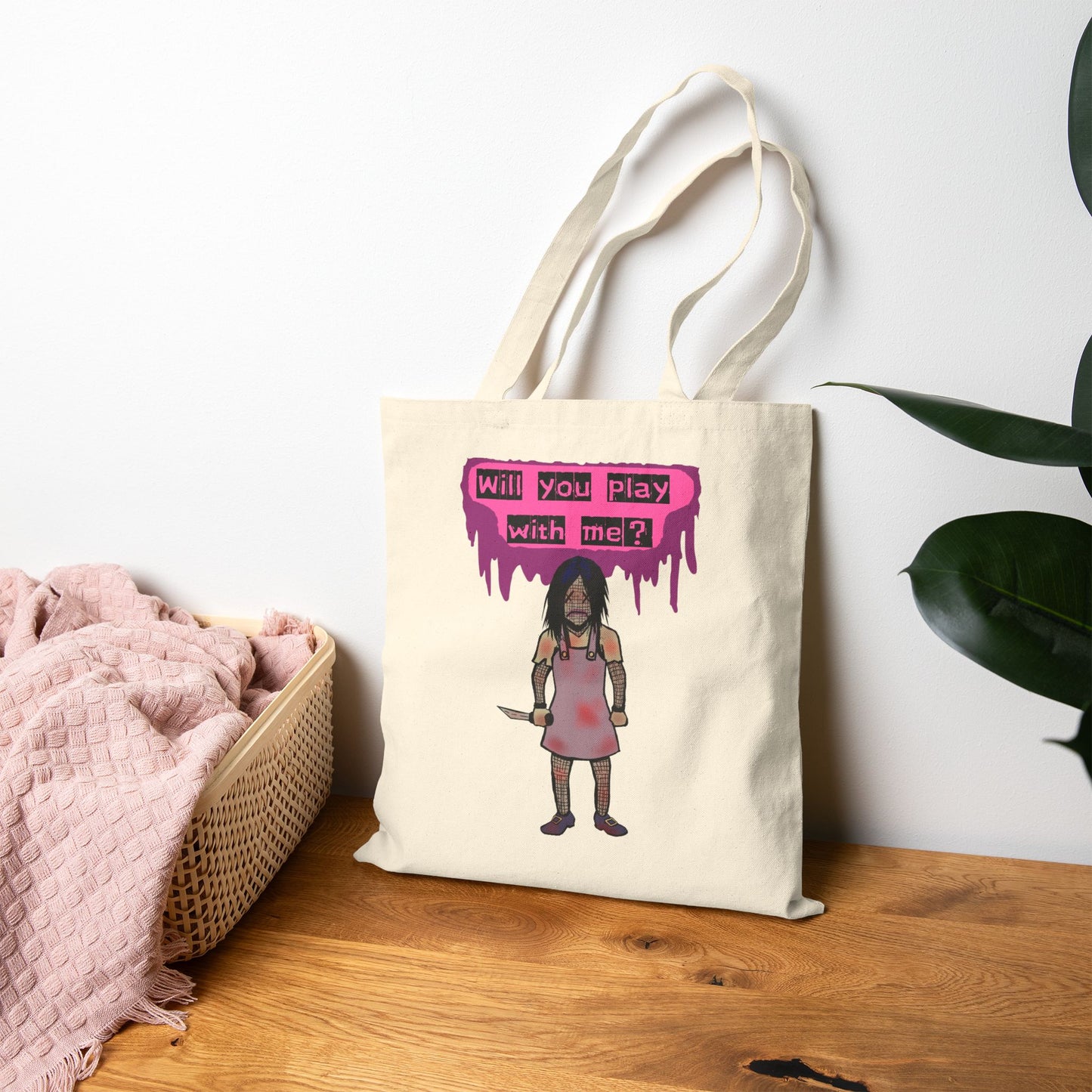 Tote Bag — 'Will You Play With Me?' Horror Creepy Doll Canvas Tote