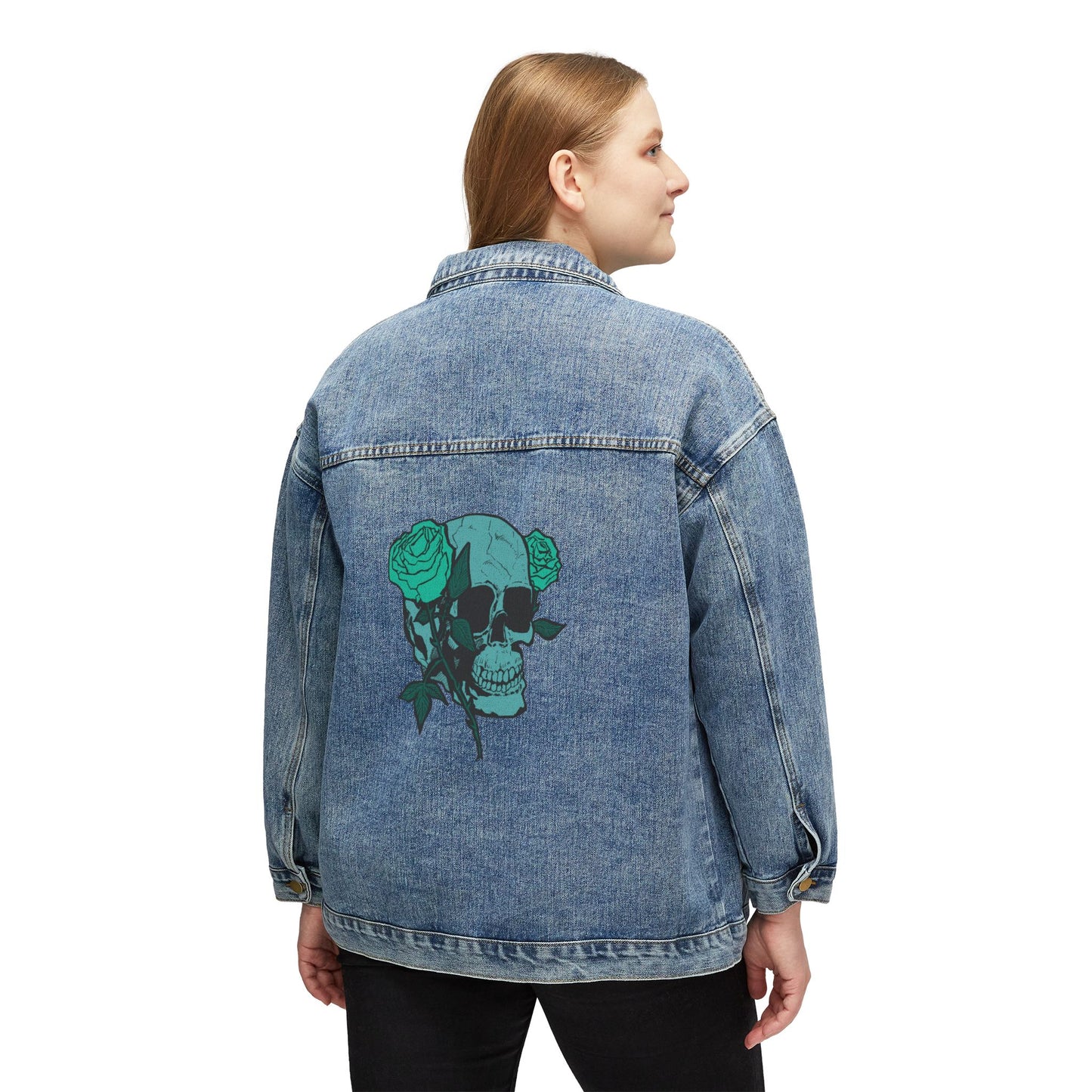Denim Jacket — Teal Skull with Roses Back Graphic