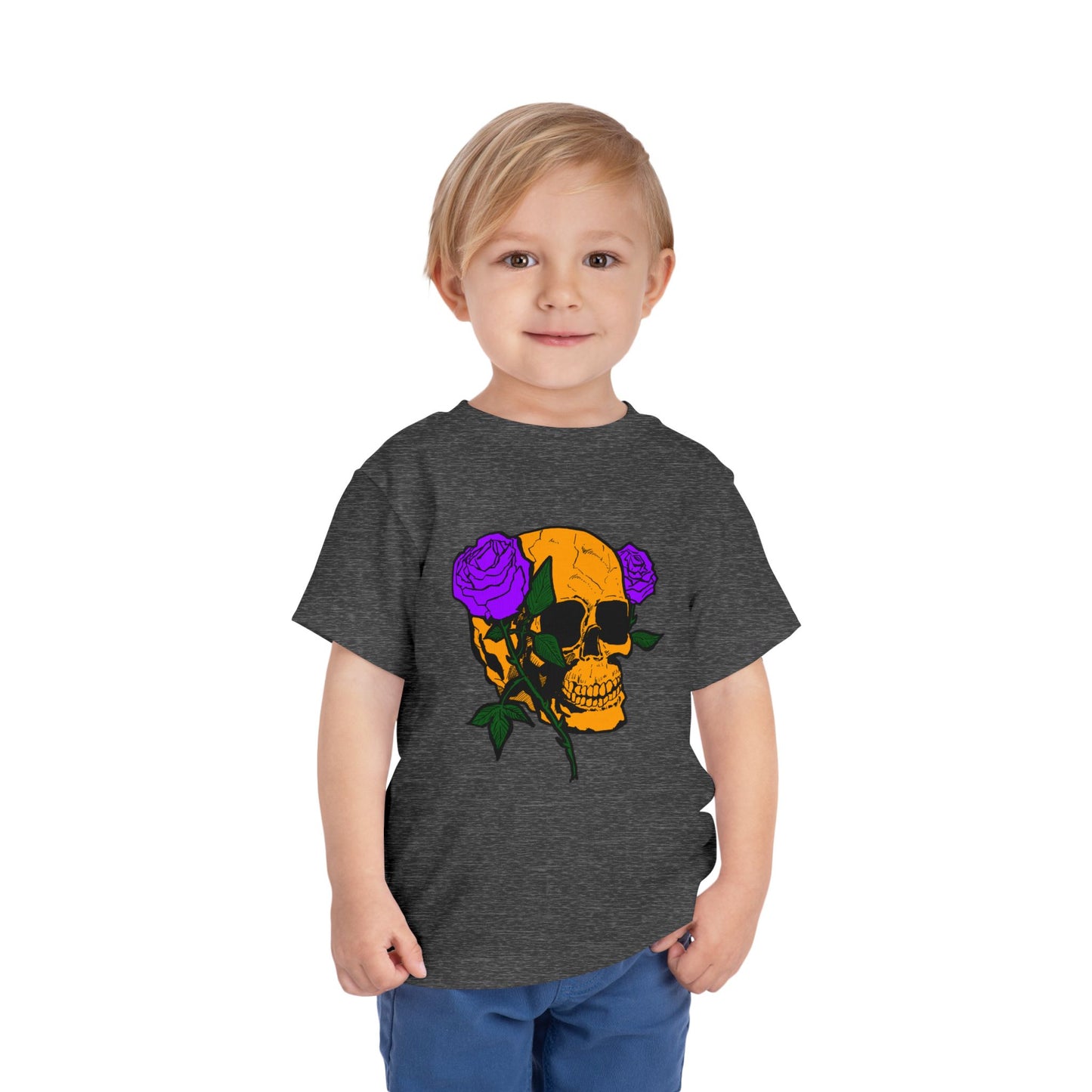 Toddler Tee — Orange Skull with Purple Roses Graphic