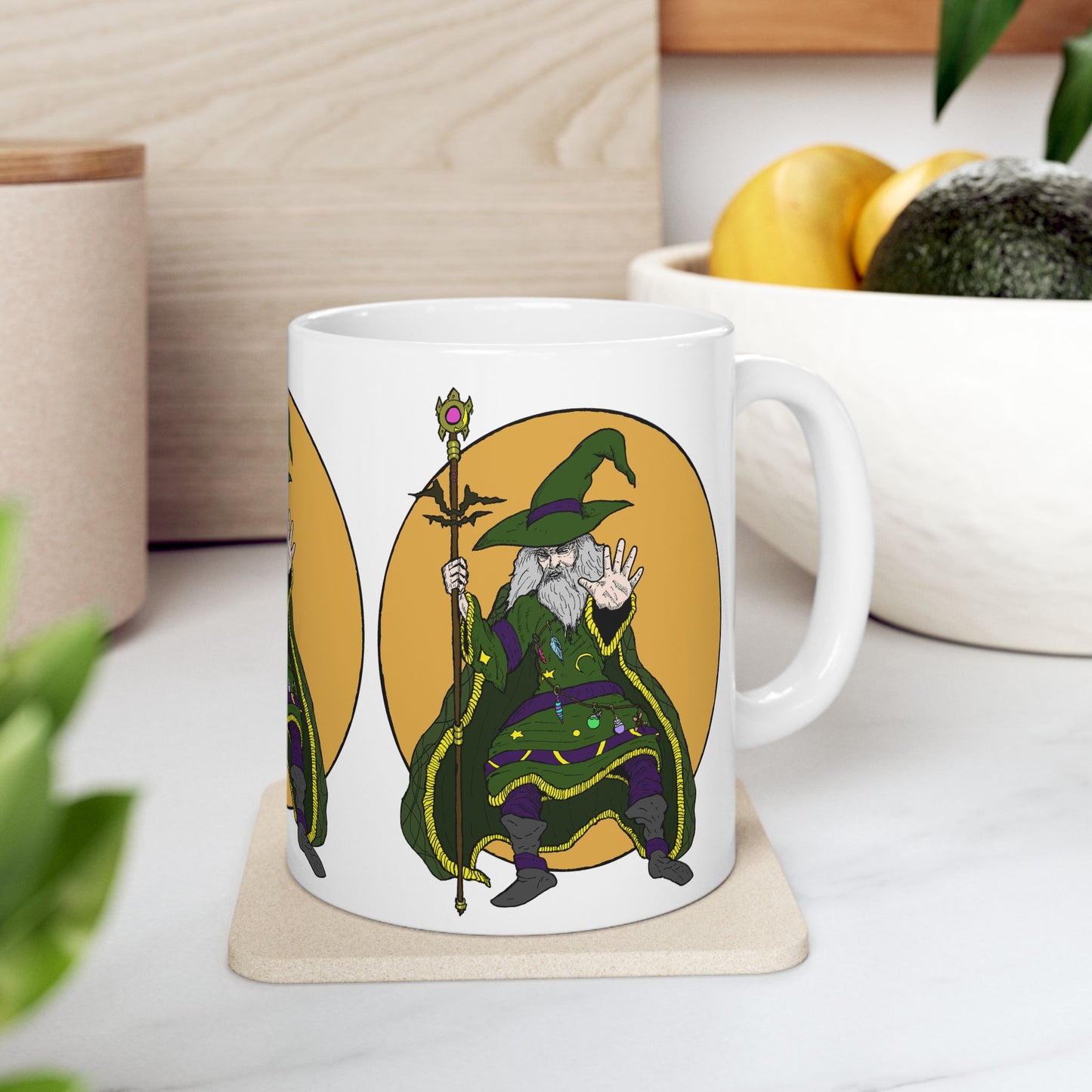 Wizard Holding a Magical Staff Ceramic Mug, (11oz)