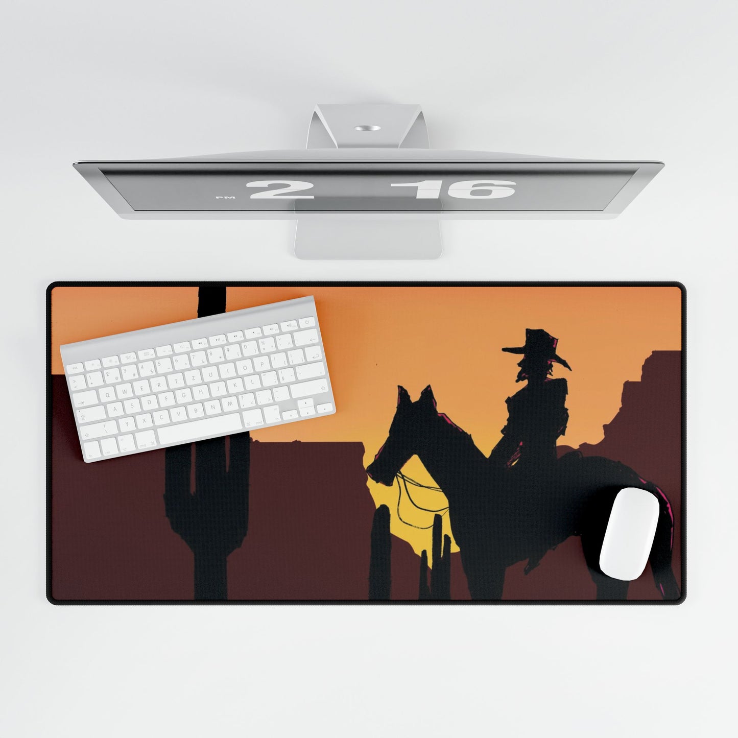 Western Sunset Desk Mat — Cowboy Silhouette Gaming Mouse Padard Playing Mat