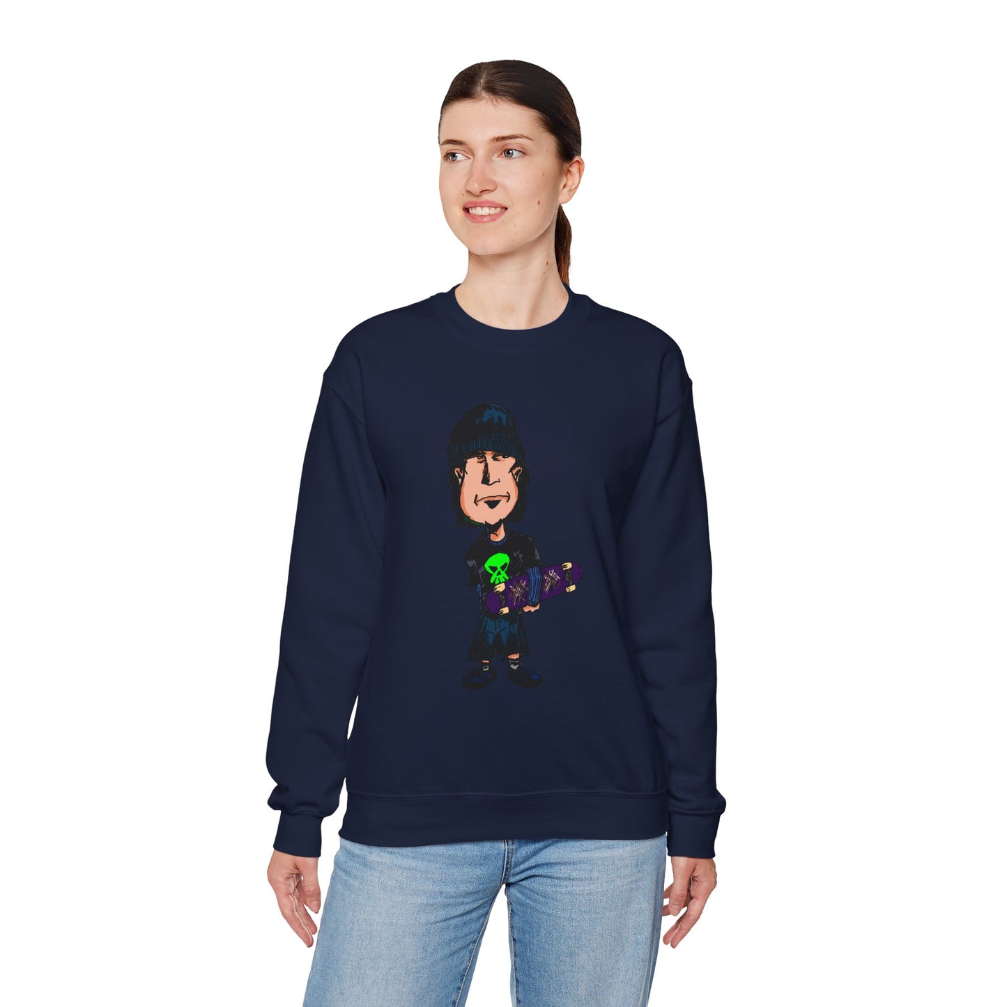 Rude Skater Dude - Cartoon Skate Punk Crewneck Sweatshirt — Retro Skateboard Character Graphic