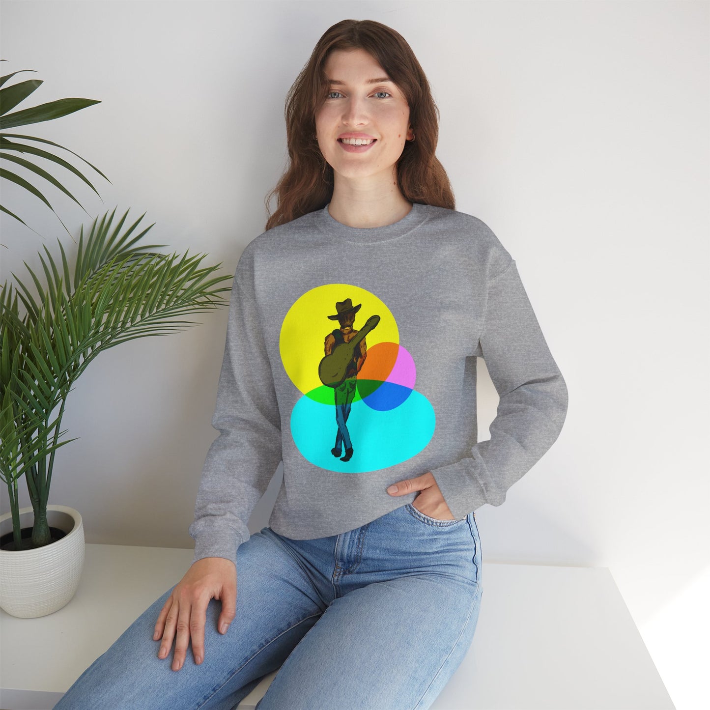 Cowboy Guitarist Graphic Sweatshirt — Retro Color Spot Music Pullover