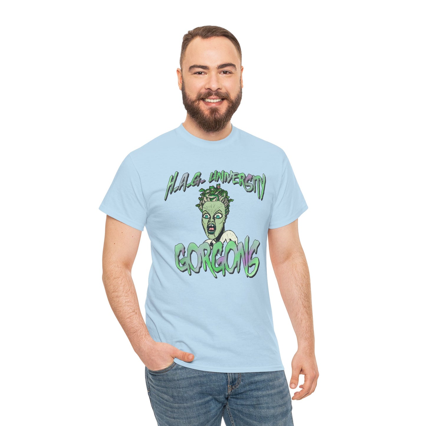 H.A.G. University Gorgons Unisex Heavy Cotton Tee - Spooky & Fun Graphic T-Shirt