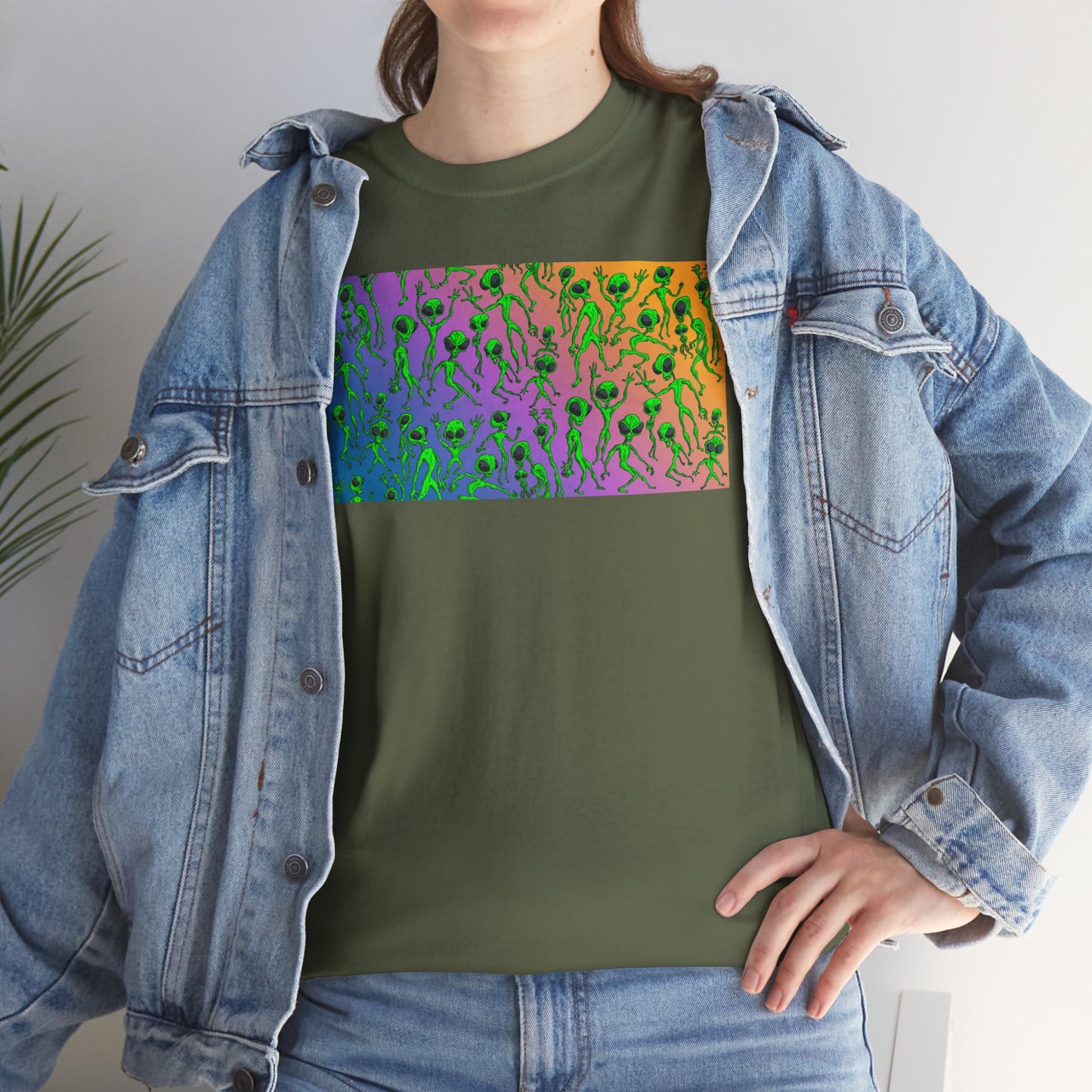 Alien Dance Party Gradient Tee — Colorful Psychedelic Green Aliens Art T-Shirt