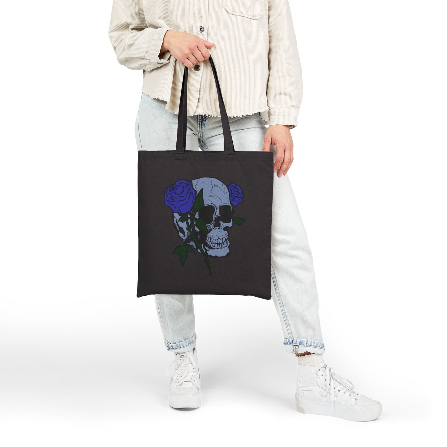 Skull with Blue Roses Cotton Tote Bag – Gothic Floral Canvas Shopper