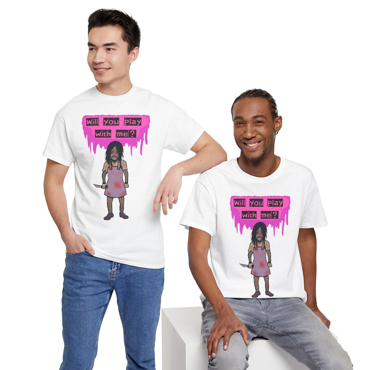 Playful Evil Doll Horror Graphic Tee, Unisex Heavy Cotton Shirt, Casual Wear, Unique Gift, Halloween Costume, Quirky Fashion