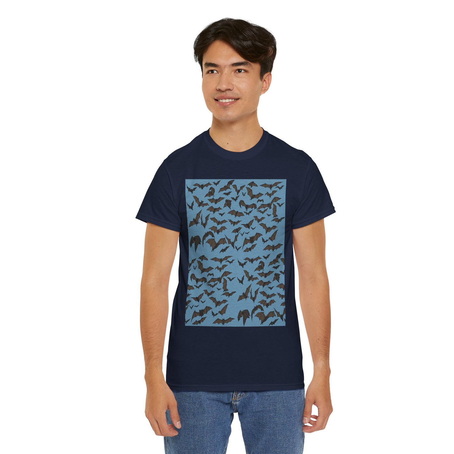 Unisex Bat Print Cotton Tee, Casual Graphic Tee, Halloween Apparel, Unique Gift for Animal Lovers, Stylish Everyday Wear