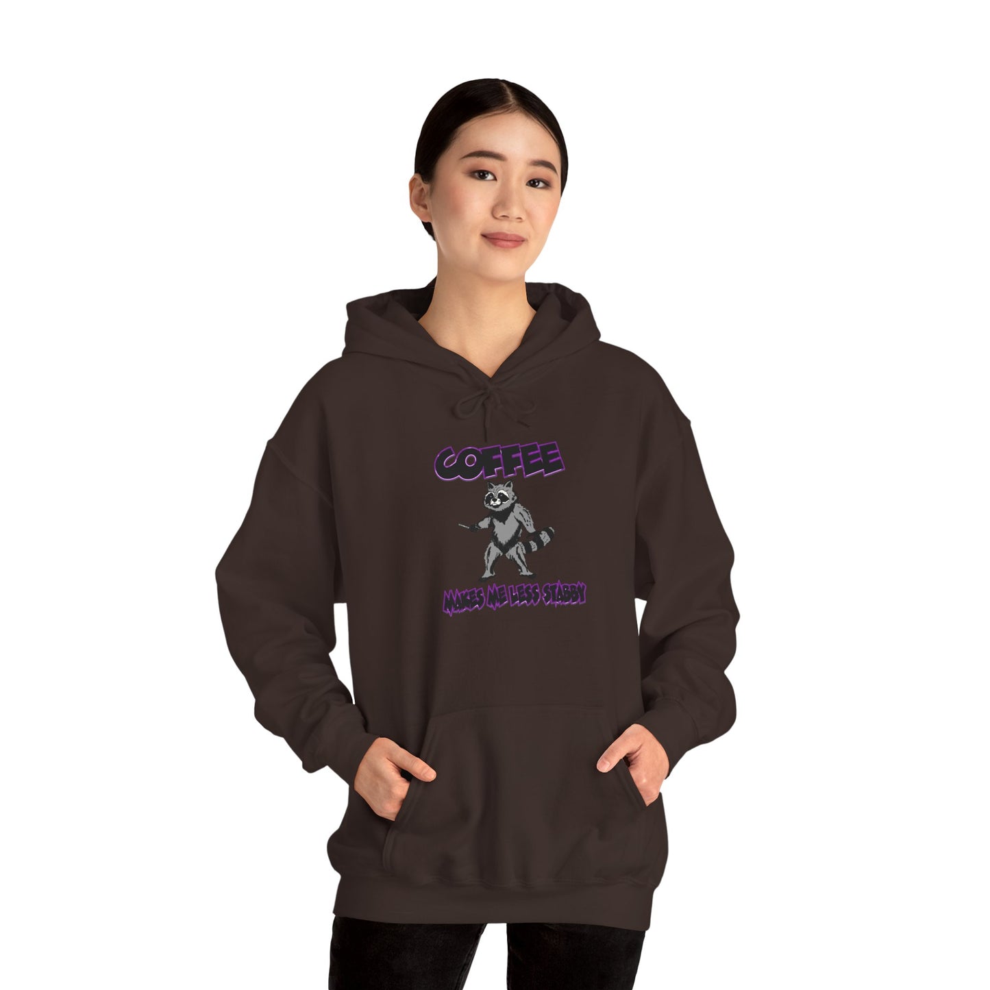 Coffee Makes Me Less Stabby Themed Unisex Hoodie with Fun Raccoon Design, Perfect for Coffee Lovers, Gift for Birthdays, Chill Days, Cozy Sweater