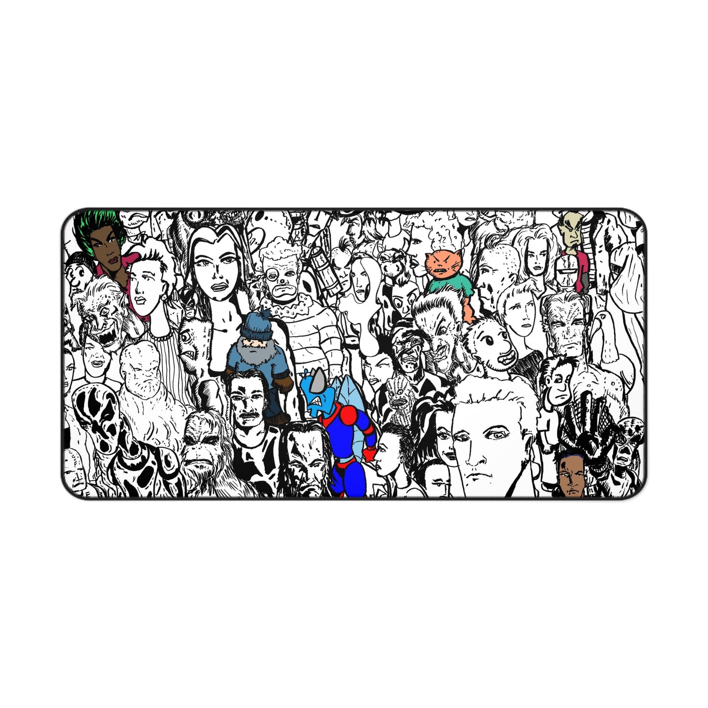 All Over Crowd Sketch Desk Mat — Black & White With Bits Of Color Character Collage Mouse Pad