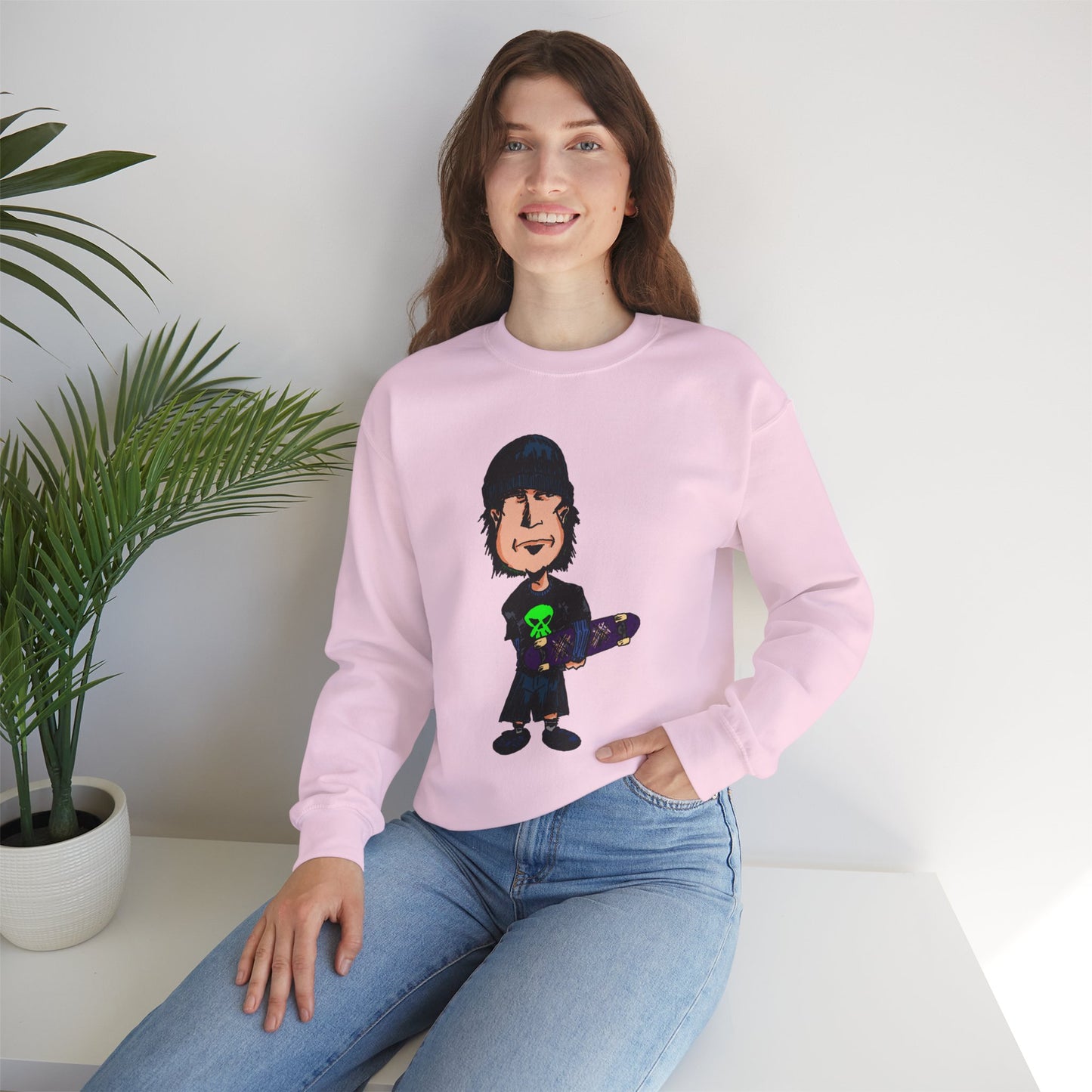 Rude Skater Dude - Cartoon Skate Punk Crewneck Sweatshirt — Retro Skateboard Character Graphic