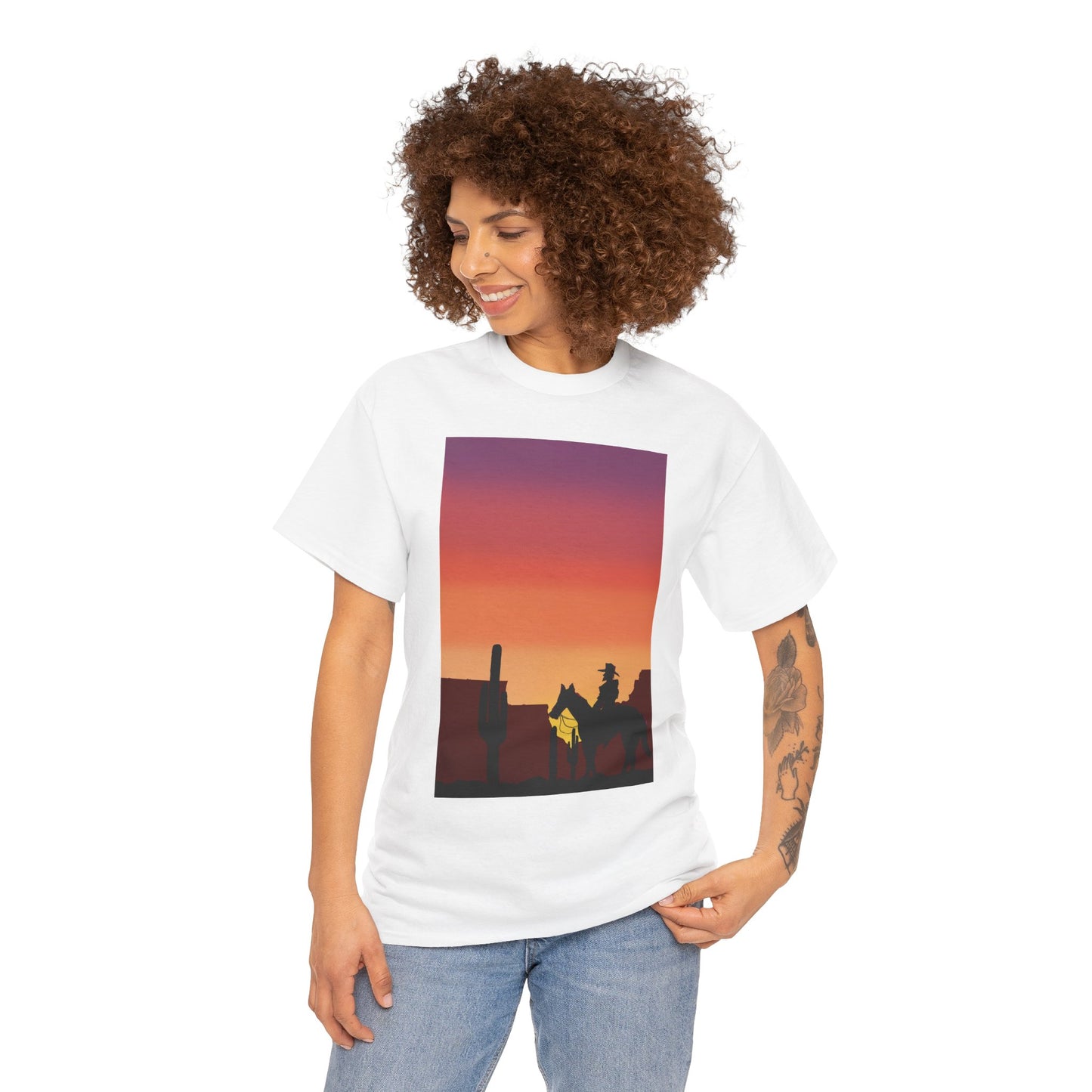 Sunset Cowboy Unisex Heavy Cotton Tee - Western Graphic Tee for Nature Lovers