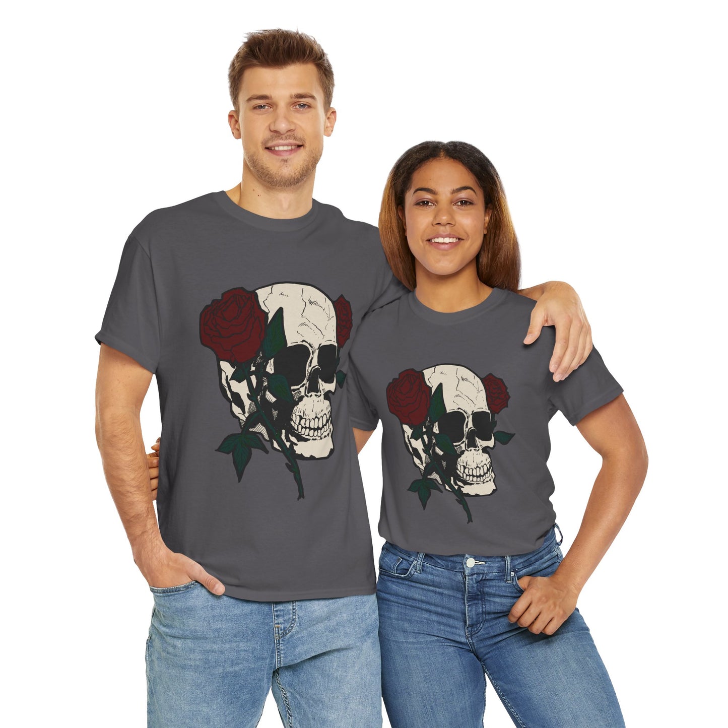 Skull and Roses Unisex Heavy Cotton Tee - Edgy Graphic T-Shirt for Impactful Style