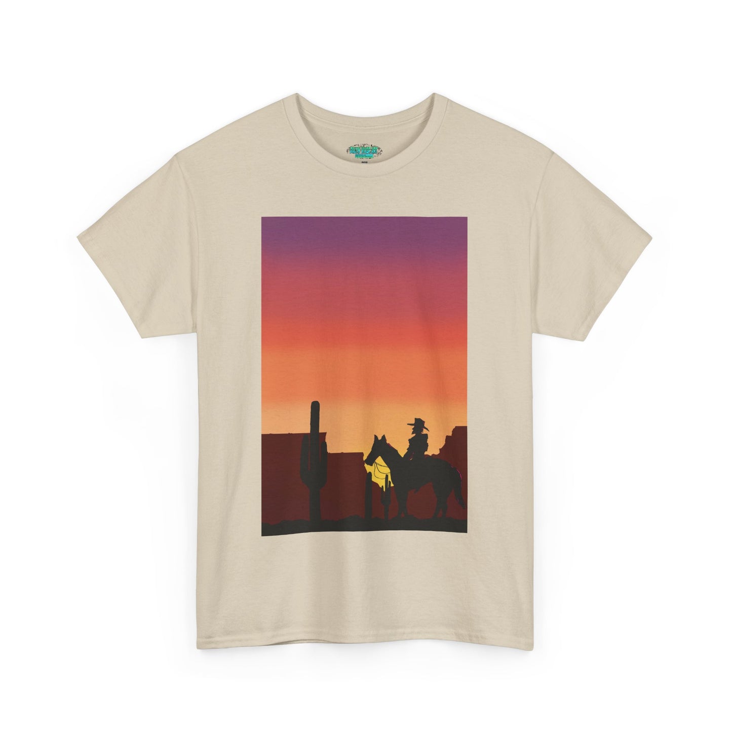 Sunset Cowboy Unisex Heavy Cotton Tee - Western Graphic Tee for Nature Lovers