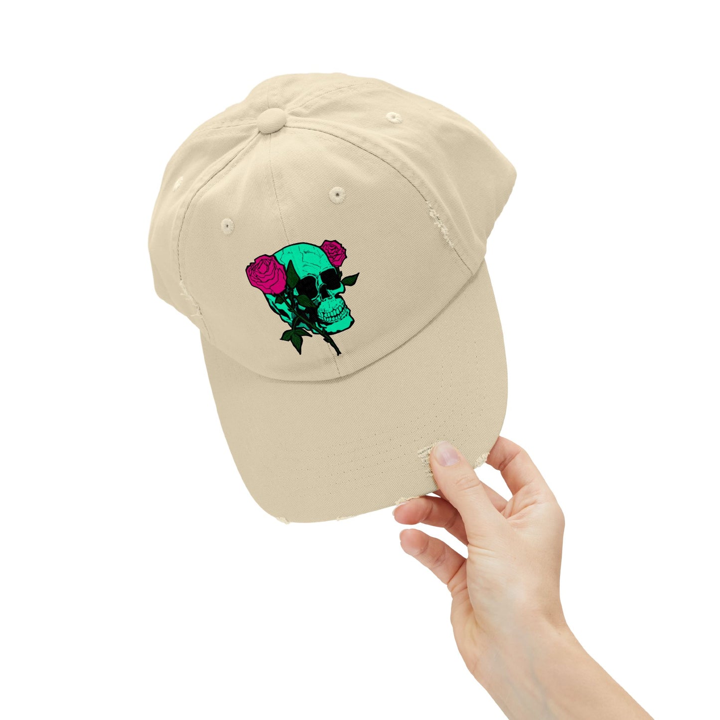 Trendy Distressed Skull Cap with Roses