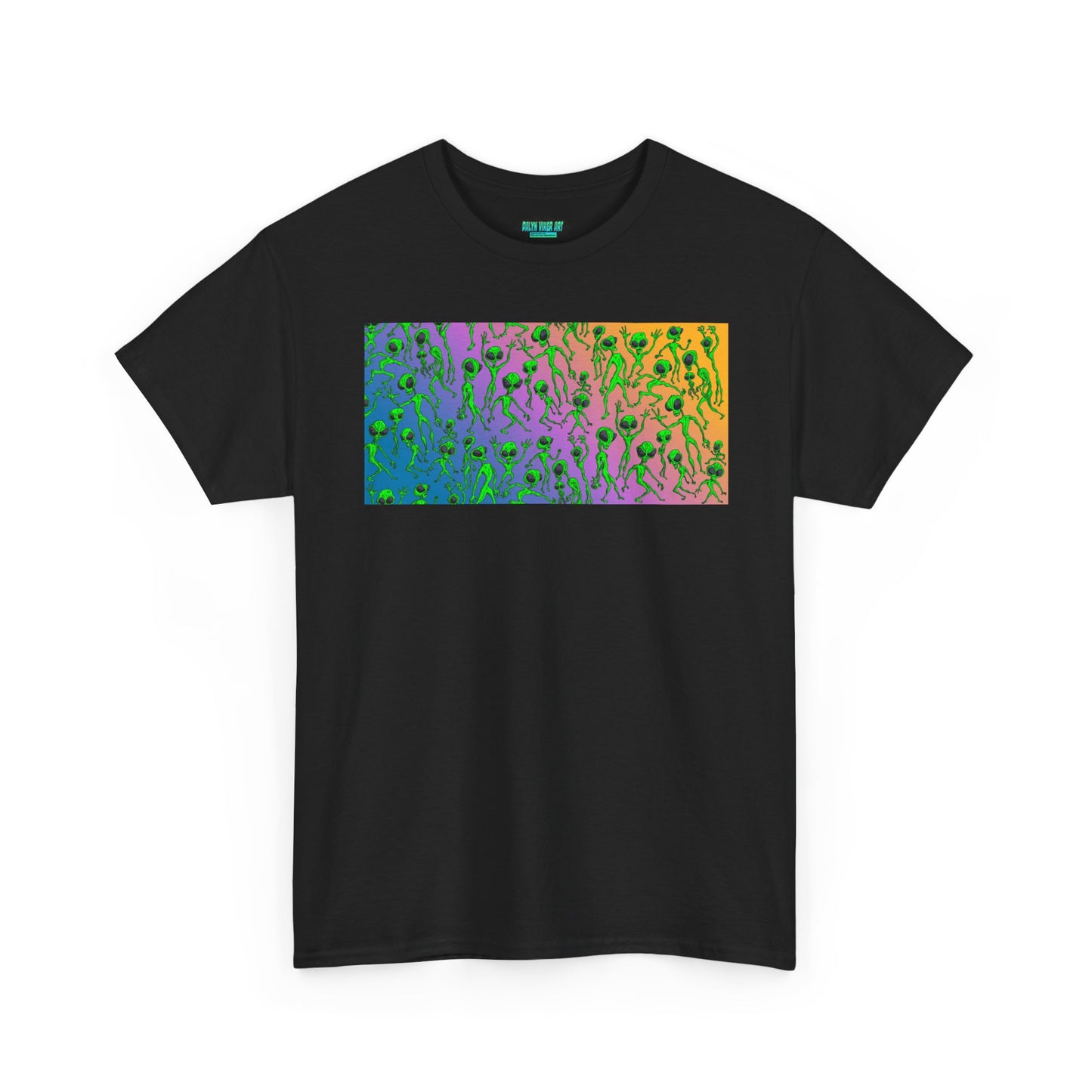 Alien Dance Party Gradient Tee — Colorful Psychedelic Green Aliens Art T-Shirt
