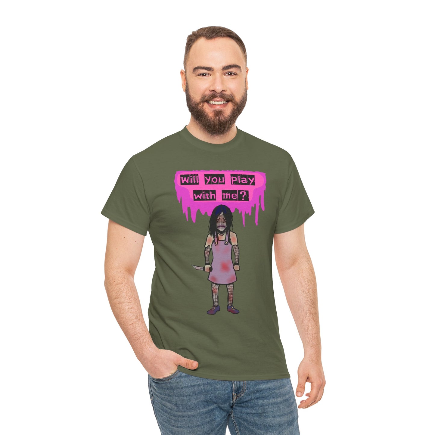 Playful Evil Doll Horror Graphic Tee, Unisex Heavy Cotton Shirt, Casual Wear, Unique Gift, Halloween Costume, Quirky Fashion