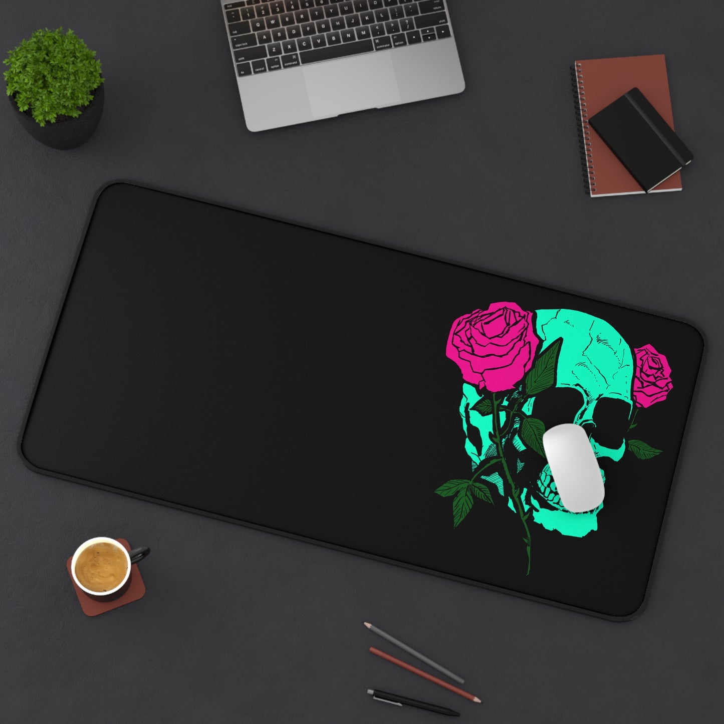 Skull & Roses Desk Mat — Neon Gothic Gaming Mousepad