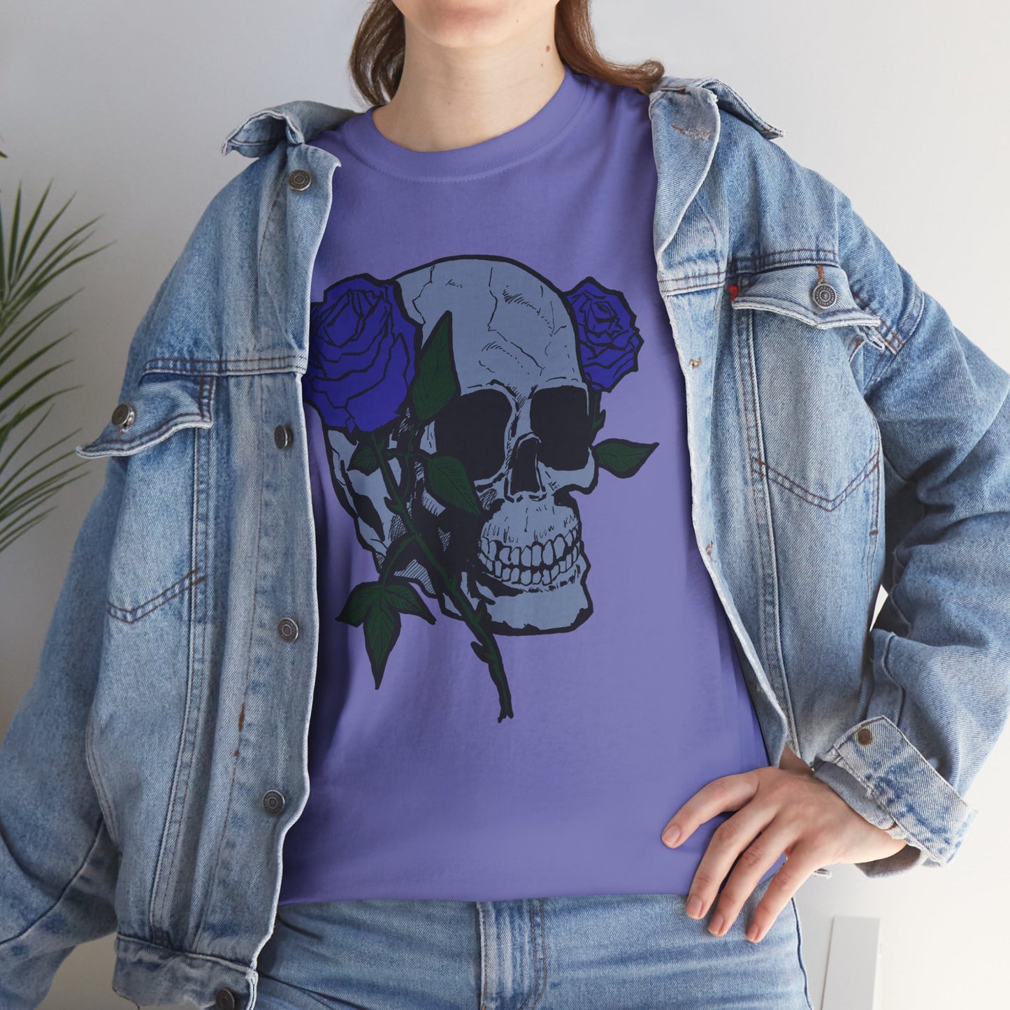 Unisex Heavy Cotton Tee with Skull and Rose Design - Edgy Streetwear Top