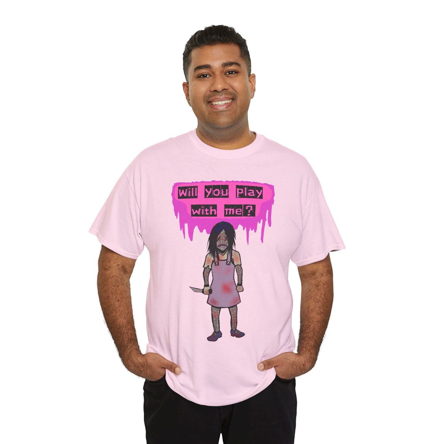 Playful Evil Doll Horror Graphic Tee, Unisex Heavy Cotton Shirt, Casual Wear, Unique Gift, Halloween Costume, Quirky Fashion