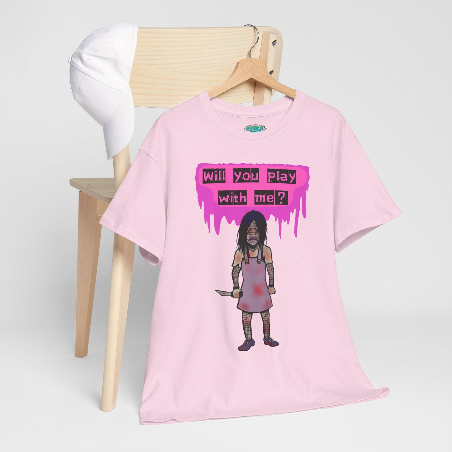 Playful Evil Doll Horror Graphic Tee, Unisex Heavy Cotton Shirt, Casual Wear, Unique Gift, Halloween Costume, Quirky Fashion