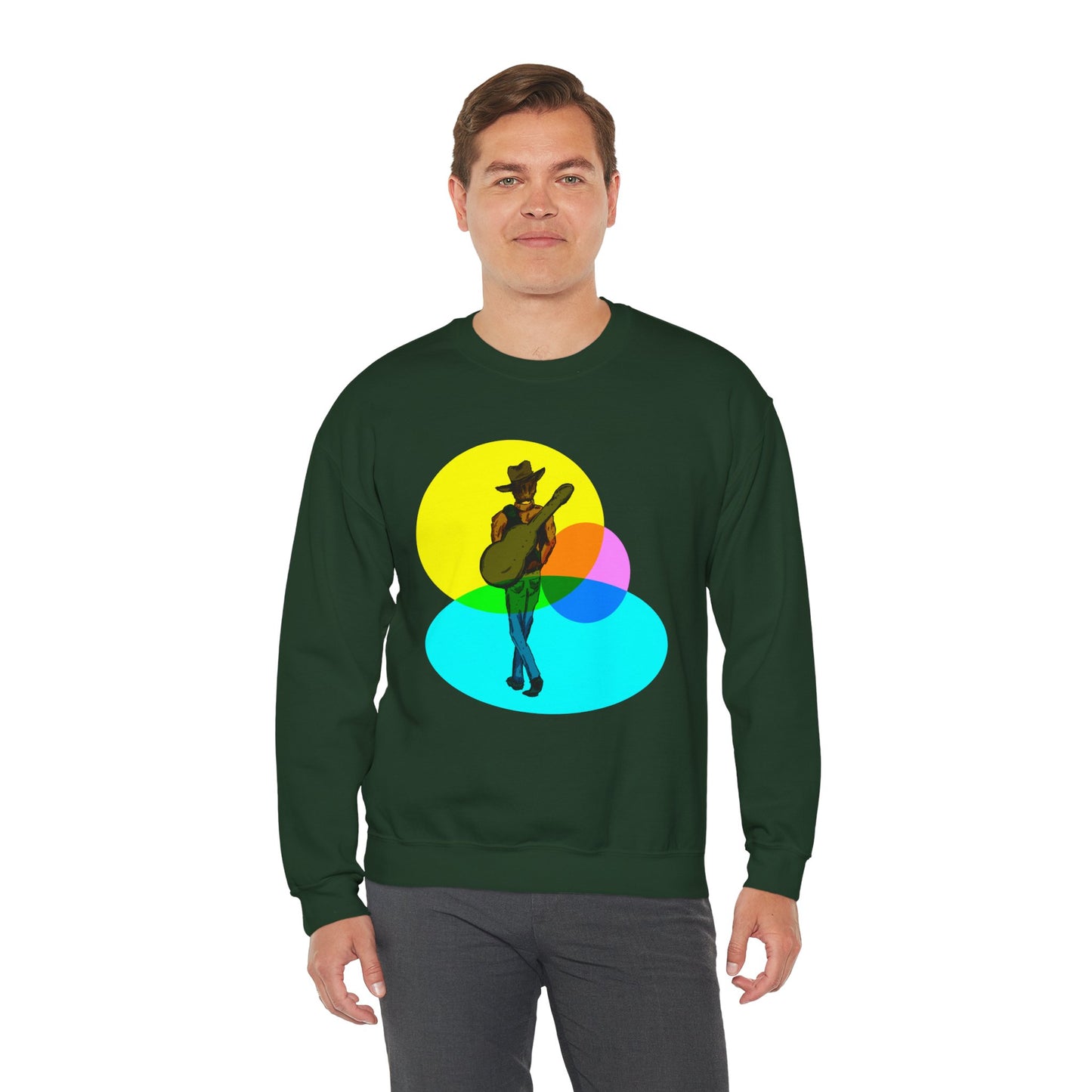 Cowboy Guitarist Graphic Sweatshirt — Retro Color Spot Music Pullover