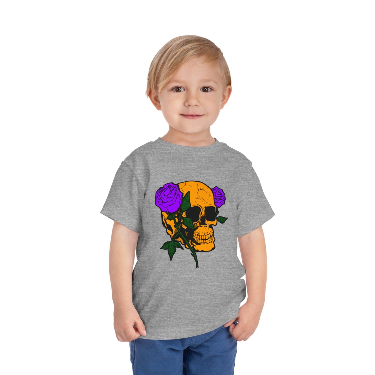Toddler Tee — Orange Skull with Purple Roses Graphic