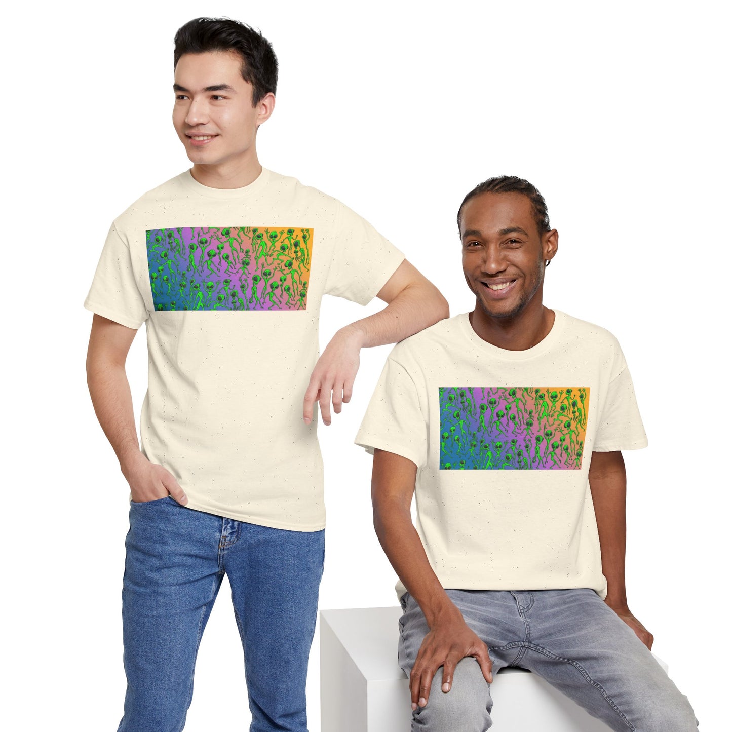 Alien Dance Party Gradient Tee — Colorful Psychedelic Green Aliens Art T-Shirt