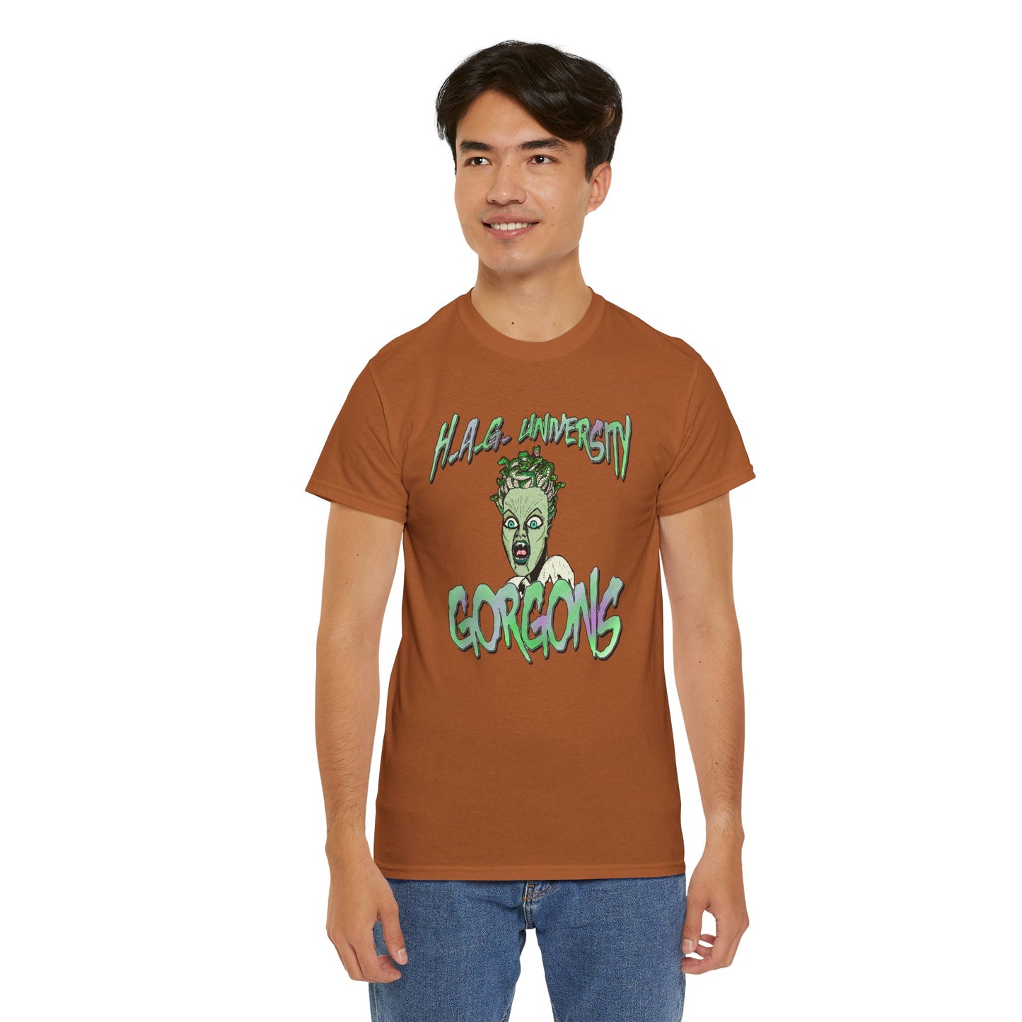 H.A.G. University Gorgons Unisex Heavy Cotton Tee - Spooky & Fun Graphic T-Shirt