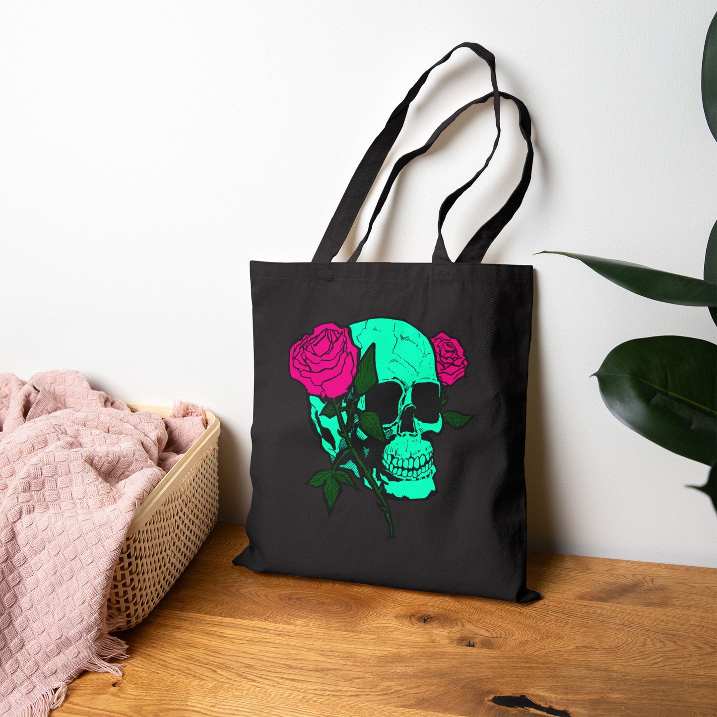 Skull & Roses Canvas Tote — Green Skull with Pink Roses Cotton Bag
