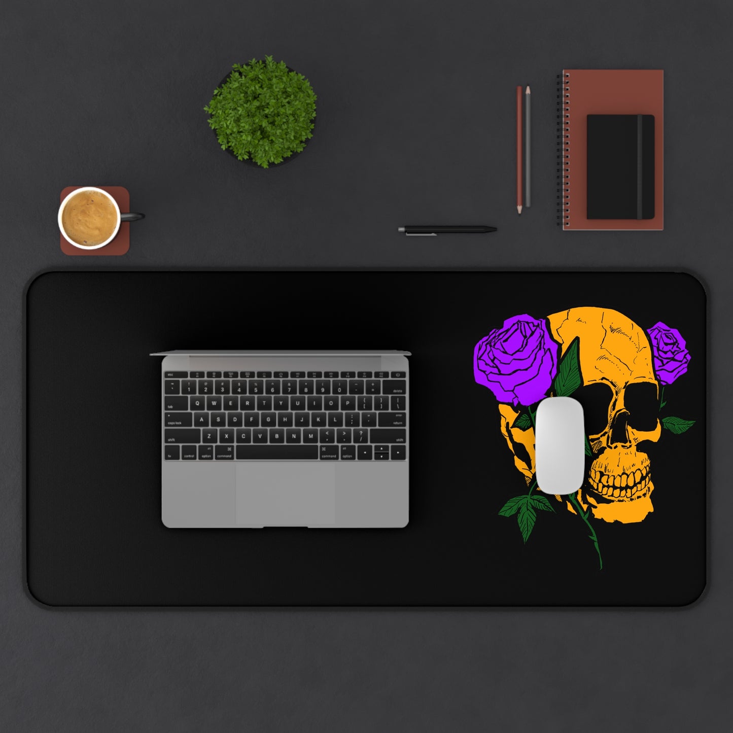 Stylish Skull Desk Mat with Purple Roses, Gothic Office Decor, Gaming Mouse Pad, Unique Gift for Halloween, Artist Workspace