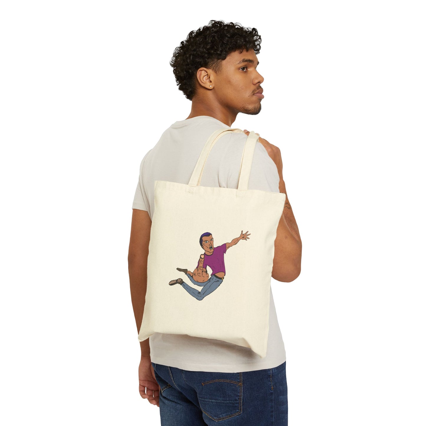 Giving a Flying Eff Tote Bag — Playful Retro Man Jumping Illustration Cotton Canvas Tote