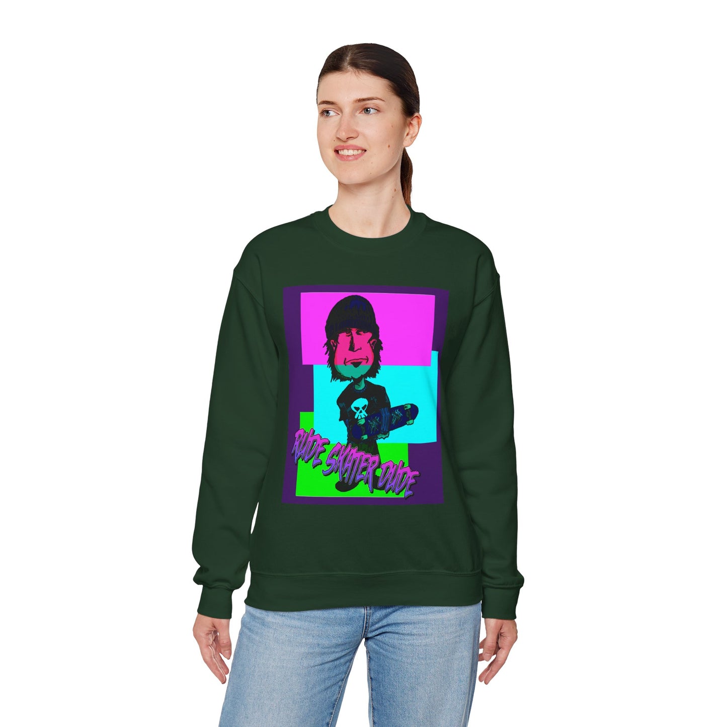 Crewneck Sweatshirt — Retro Neon Skate Punk "Rude Skater Dude" Graphic