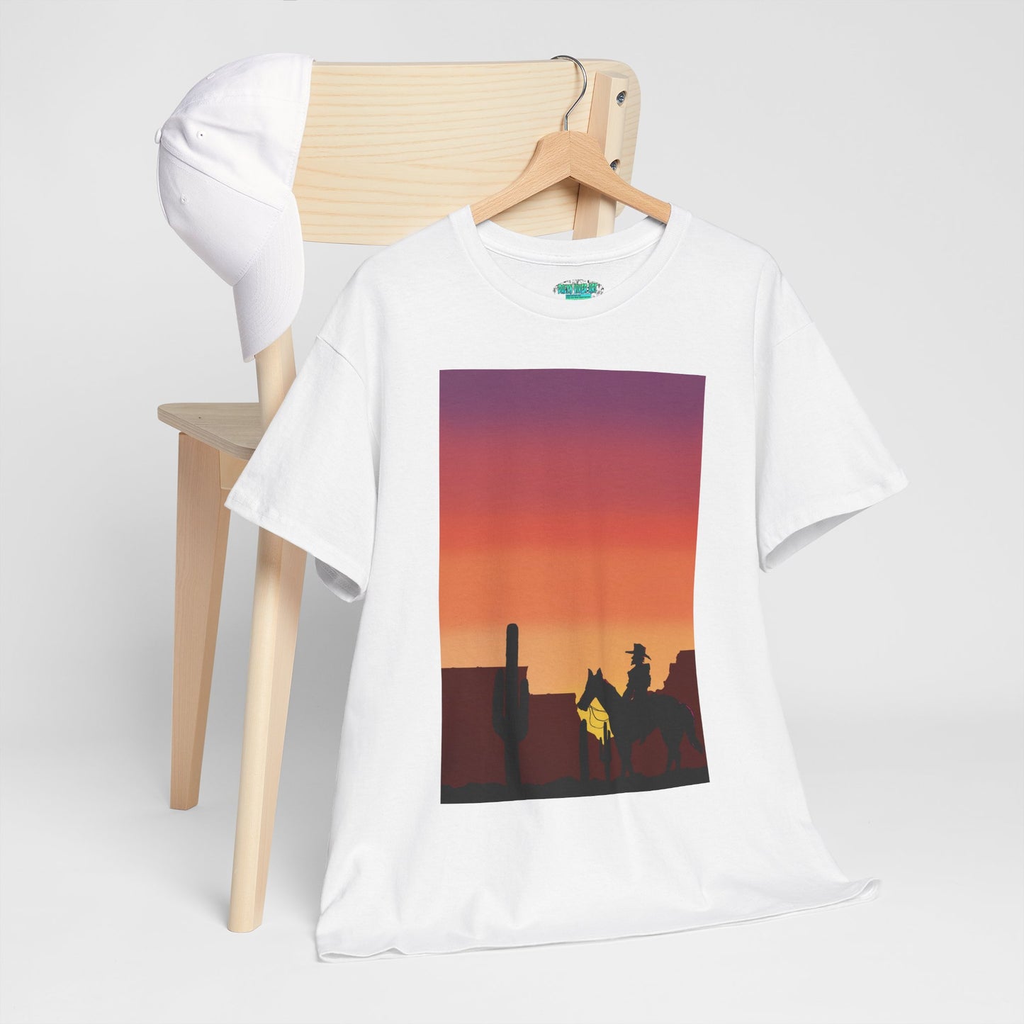 Sunset Cowboy Unisex Heavy Cotton Tee - Western Graphic Tee for Nature Lovers