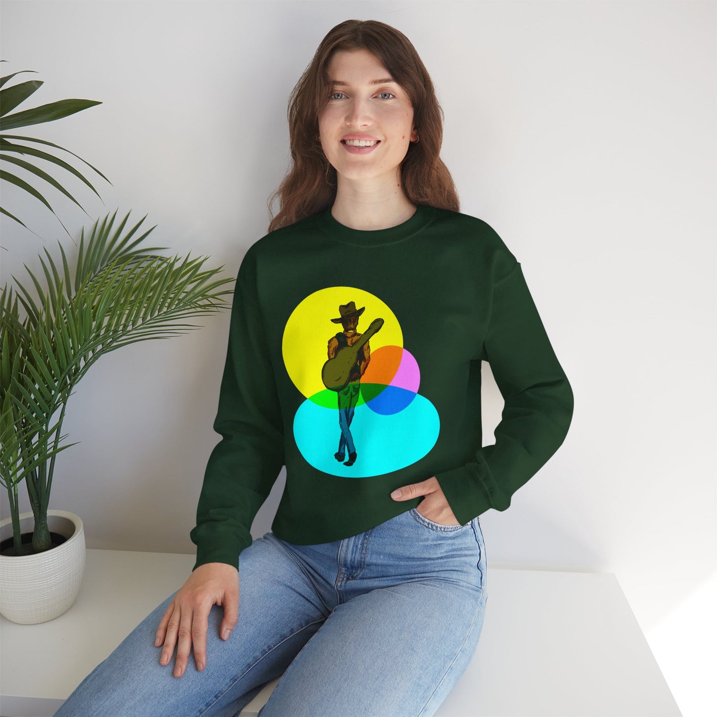 Cowboy Guitarist Graphic Sweatshirt — Retro Color Spot Music Pullover